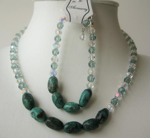 Handcrafted Jewelry Genuine Swarovski Erinite & AB w/ Tibet Spiderweb Green Stone Necklace & Bracelet