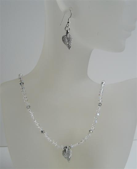 Custom Handcrafted Jewelry Genuine AB Crystals Swarovski AB Crystals NEcklace Set w/ cZ Embedded Leaf Pendant & Earrings