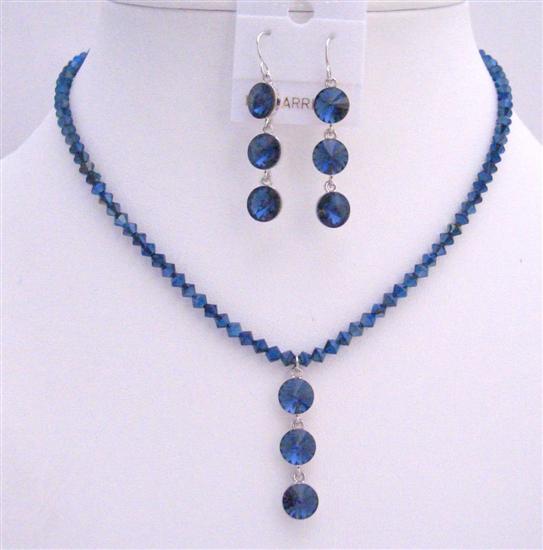 Metallic Blue Crystal Drop Down Jewelry Genuine Swarovski Necklace Set