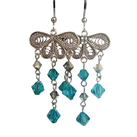 Chandelier w/ Blue Zircon Crystals Dangling Silver Earrings