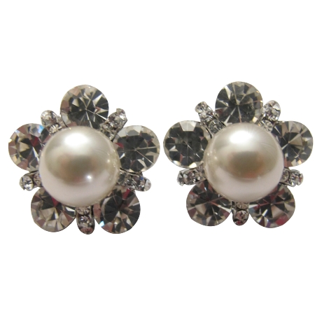 Cream Cultured Round Pearl with Cubic Zircon Pierced Stud Earrings