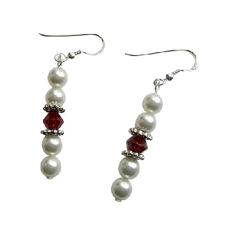 Swarovski White Pearl Siam Red Crystal Sterling Silver Earrings