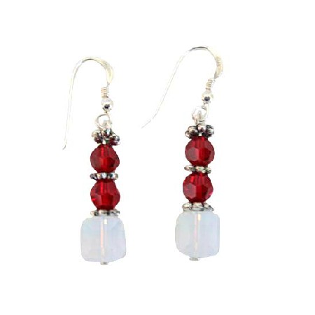 Siam Red & White Opal Swarovski Crystals Bali Silver Sterling Earrings
