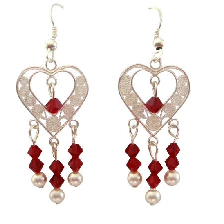 Heart Silver Chandelier w/ Siam Red Crystal & White Pearls Earrings