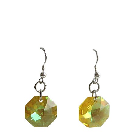 Lime Octagon Crystal Earrings 15mm Swarovski Sterling Silver Earrings