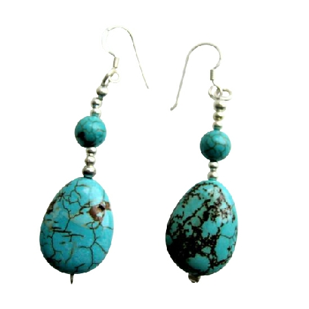 Handmade Turquoise Flat Oval Round Beads 92.5 Sterling Silver Earrings