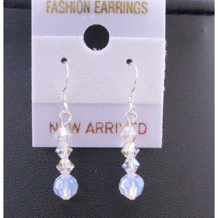 White Opal Round Crystals AB Swarovski Sterling Silver Hook Earrings
