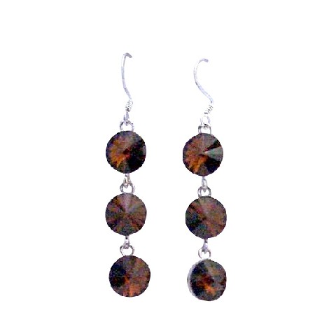Brown Smoked Topaz Round Crystal 10mm Dangle Silver Hook Earrings