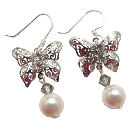 Silver Butterfly White Swarovski Pearl Black Diamond Crystals Earrings