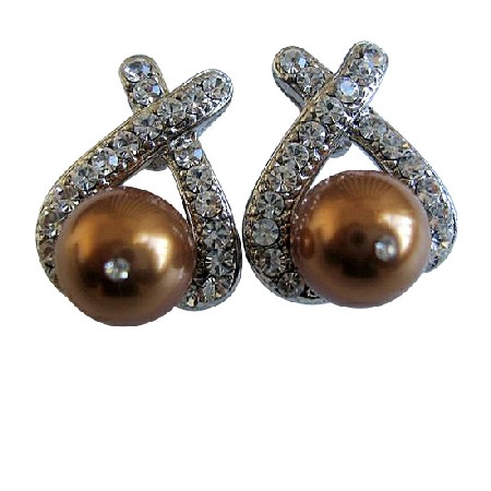 Bridal Copper Pearl Stud Earrings w/ Cubic Zircon Decorated Swarovski