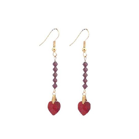 Siam Red Crystal Heart Dangling Earrings 22k Gold Plated Earrings