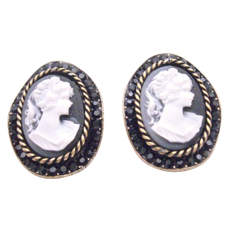Cameo Jewelry with Jet Crystal Embedded Earrings