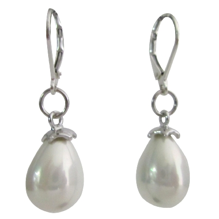 Freshwater Drop Pearl in Sterling Silver Lever Backs White Earrings