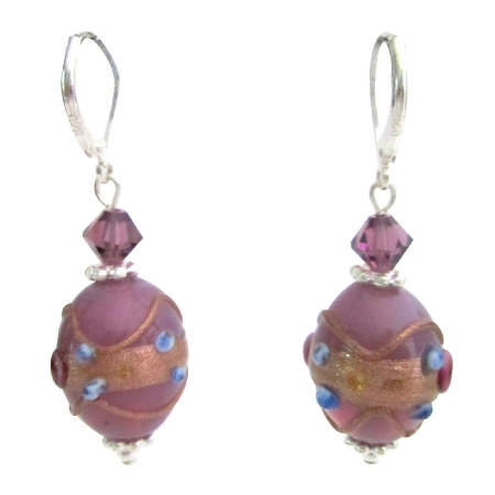 Chic Girls Purple Lampwork Beads & Swarovski Crystals Fancy Earrings