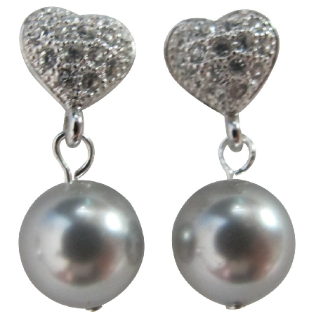 Diamante Heart Wedding Earrings In Grey Pearl