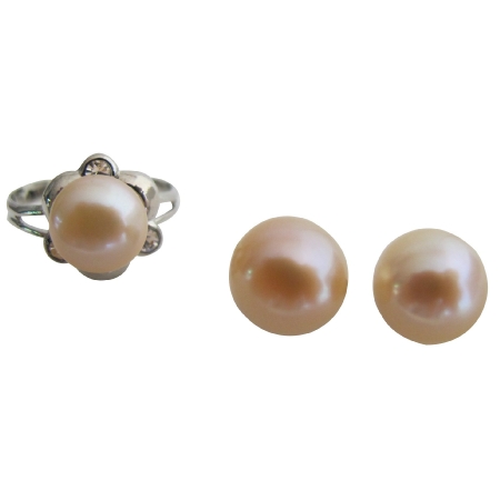 Wedding Jewelry Peach Pearl Adjustable Ring with Earrings