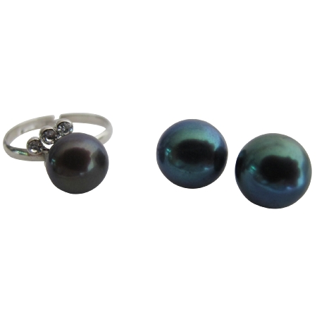 Adjustable Freshwater Pearl Ring with Stud Earring in Tahitian Color