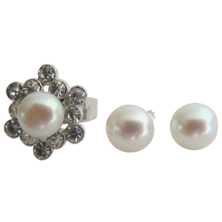 Sunflower Shape Ring with Freshwater Pearl Stud Earring