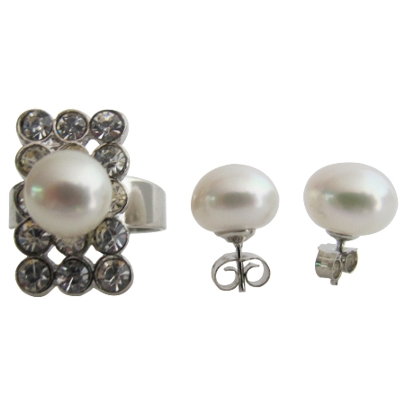 Classic Round Natural Freshwater Pearl Ring with Stud Earring