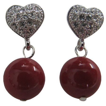 Prom Girl Jewelry Red Pearl Heart Post Earrings