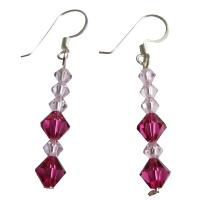 Genuine Jet Fushchia Siam Red & Amethyst Crystals Sterling Silver Earrings 