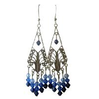 Sterling Silver Chandelier w/ Genuine Swarovski 3 Different Sapphire Crystals Dangling Earrings    