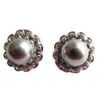 Cultured Round Grey Pearls Earrings w/ Surrounded Cubic Zircon 
