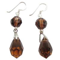 Genuine Swarovski Smoked Topaz Crystals Ball & Teardrop 92.5 Sterling Silver Earrings   