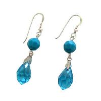 Blue Aquamarine SWaarovski Crystals Tear Drop Sterling Silver Earrings w/ Turquiose Bead Earrings   