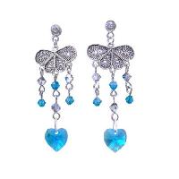 Heart Dangling Blue Zircon Swarovski Crystals Sterling 92.5 Silver Chandelier Earrings  