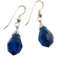 Genuine 925 Sterling Silver Czech Lite Sapphire Crystals Teardrop Earrings