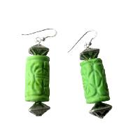 Genuine Green Turuquoise 20mm Ethnic Engraved w/ Bali Beads Sterling Silver 92.5 Earrings  