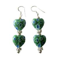Millefiori Heart Earrings Designed Bead Earrings w/ Bali Silver Sterling Silver Earrings  