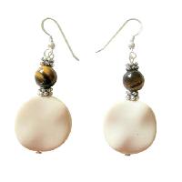 Sterling Silver White Flat Jasper Earrings w/ Tiger Bead And Daisy Spacer Earrings 