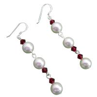 Swarovski White Pearls And Siam Red Crystals Earrings Sterling Silver Hooki Earrings 