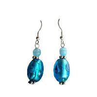 Aquamarine Cat Eye Blue Millefiori Bead Earrings Sterling Earrings  