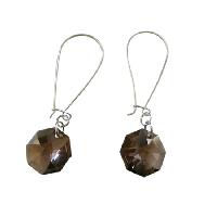 Sterling Silver Hoop Earrings w/ Smoked Topaz Octagon 15mm Multifaceted Crystals Earrings