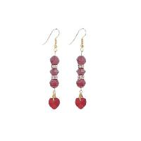 Siam Red Crystals Earrings With Heart Dangling Romantic Jewelry Golden Hook & Rondells