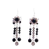 Fashionable Earrings Jet Crystals & Black Diamond Crystals Dangling 3 Stranded Sterling Silver Earrings