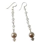 white pearl with 4mm White Opal Star Shine crystals Dangling Earrings Sterling Silver Hook Earrings