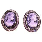 Amethyst Crystal Cameo Antique Purple Framed W/ Cameo Potrait Earrings