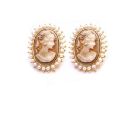 Gold Framed Cameo Portrait Earrings Surrounded w/ White Pearls