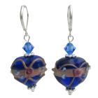 Handmade Blue Heart Lampwork Bead Earrings w/ Swarovski Crystals