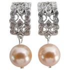 Bridesmaid Earrings Peach Pearl Drop Rhinestones
