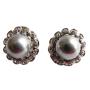 Cultured Round Grey Pearls Earrings w/ Surrounded Cubic Zircon 