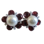 Siam Red Crystal White Pearl Stud Earrings Dressed w/ Cubic Zircon