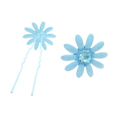 Girls Hair Pin Blue Flower Hair Pin w/ Matching Crystals Jewelry Gift