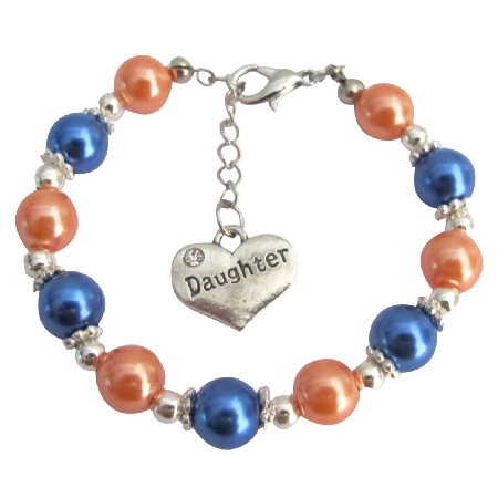 Daughter Charm Bracelet Special Daughter Gift Orange Blue Pearls
