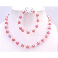 Affordable Girls Fashionable Jewelry Shinny Pink & White Round 10mm Beads Necklace & Stretchable Bracelet Jewelry