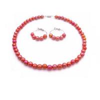 Girls Necklace Set Red/Orange Beads With Hoop Earrings Flower Girl Jewelry